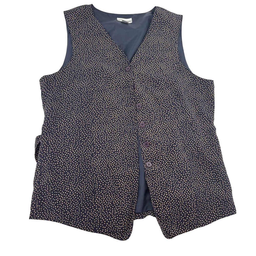 Alfred Dunner Womens Navy Blue Tan Micro Dot Button Front Lined Vest Size 8